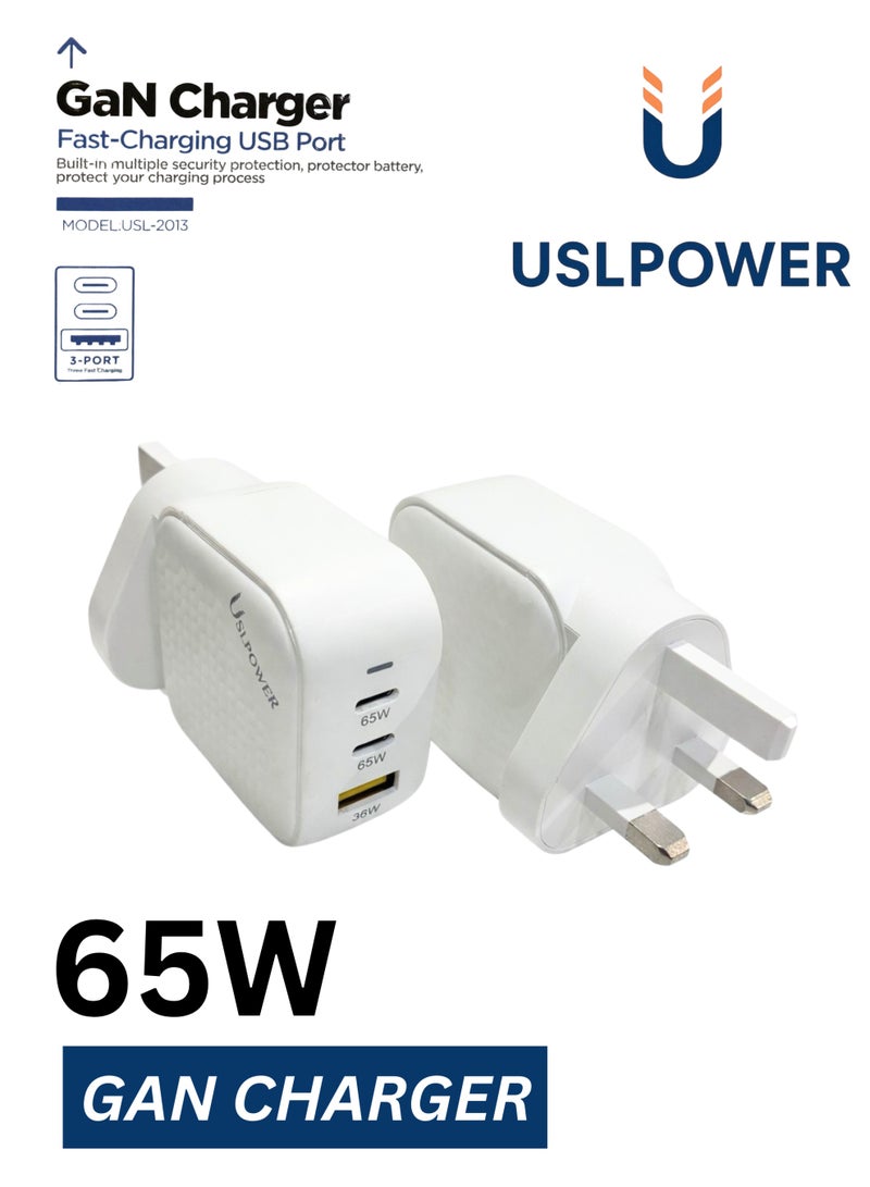 USLPOWER Power Adaptor 65W GaN Fast Charger PD, USB-C x2 + USB-A 3-Port Wall Adapter, Super Fast Charging, UK Plug, Compatible with Smartphones, Tablets & Laptops - Image 2